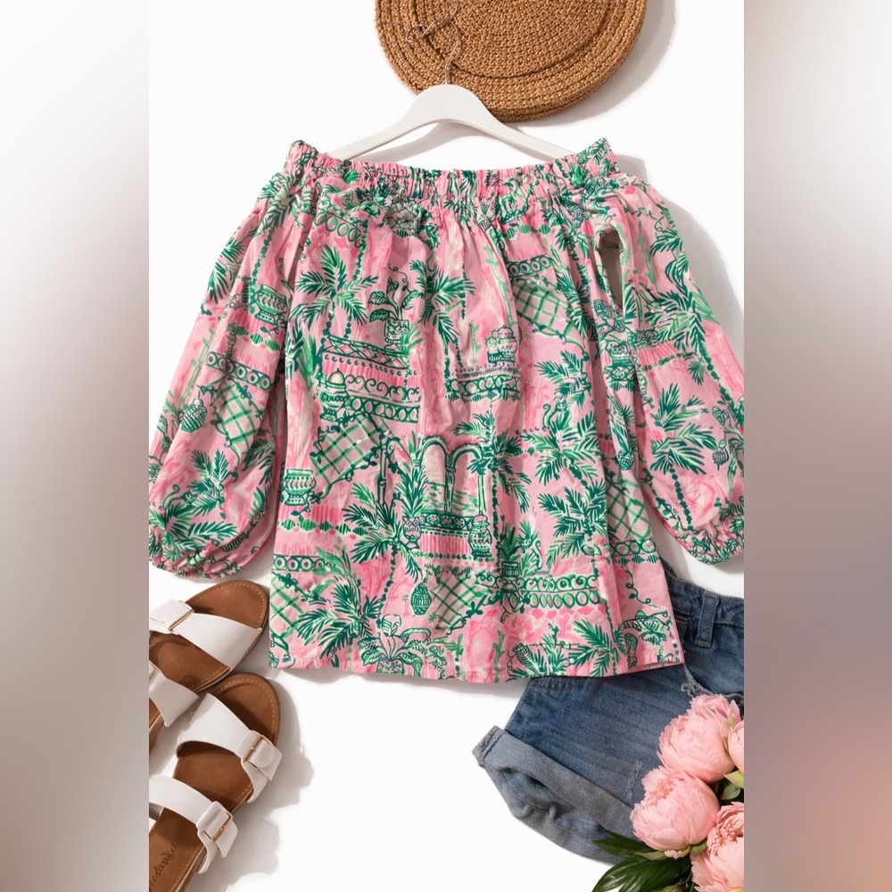 Lilly Pulitzer Girls XS Pink Tropical Off Shoulder Top Palm Print